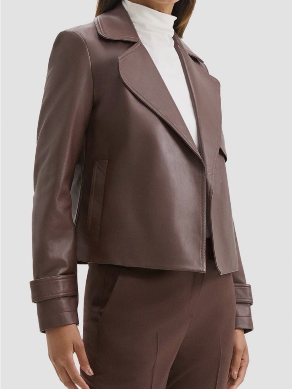 Theory Cropped Leather Coat in Dark Russet - Picture 2 of 8